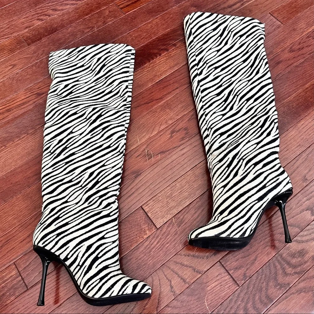 Steve Madden Alluring Zebra Black White Over the Knee Square Toe Heeled Boots